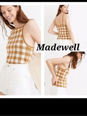 Madewell Gingham Knit Tank in Camel and White